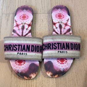 Dior Pink and Cream Embroidered Slide Sandals size 38